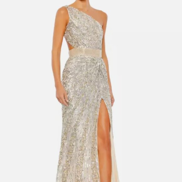 MAC DUGGAL ONE SHOULDER SEQUIN BEADED LACE-UP BACK NUDE SILVER GOWN sz 6 - Picture 2 of 8